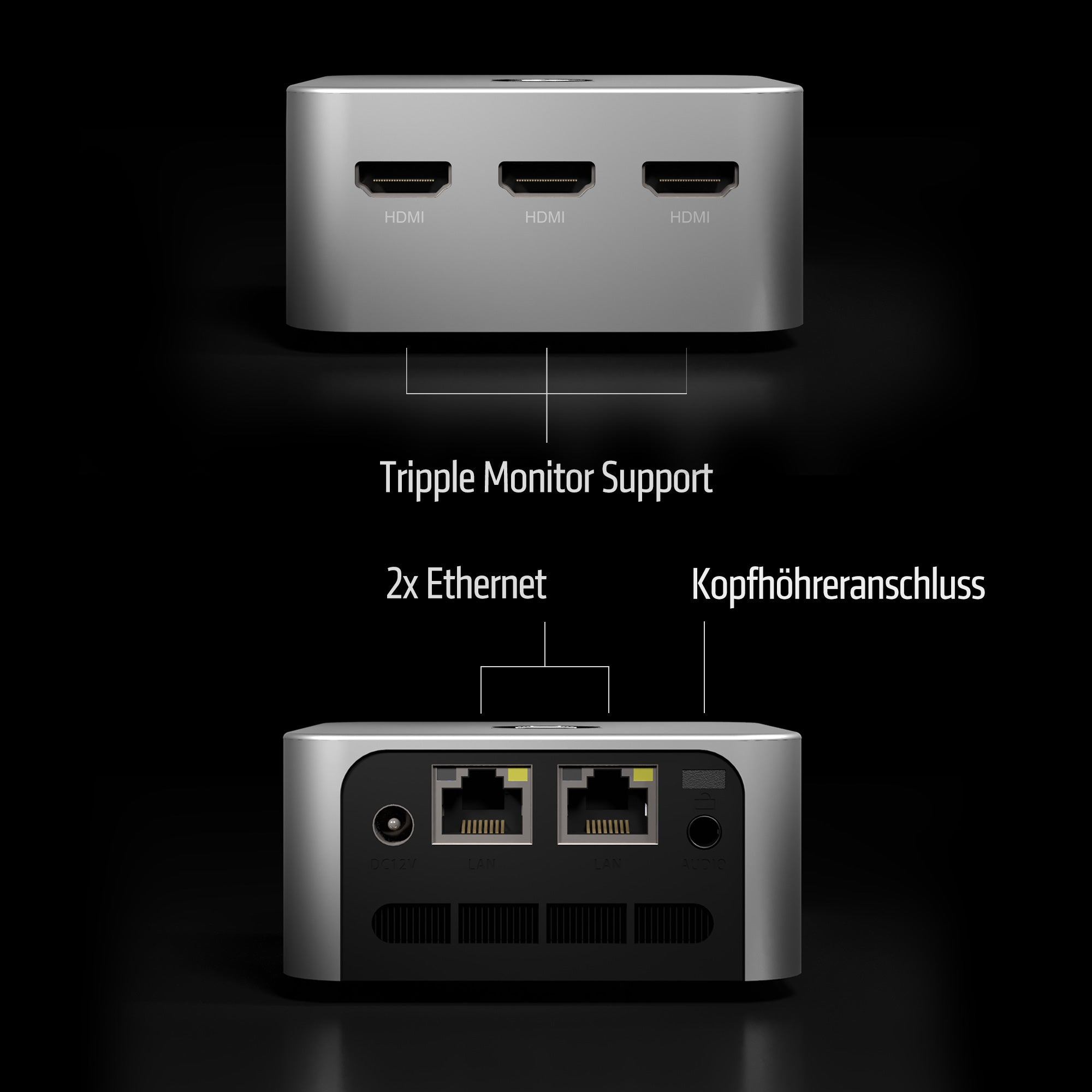 Srebrne urządzenie z portami HDMI, Ethernet i wyjściami audio. Tekst wskazuje na obsługę potrójnego monitora.