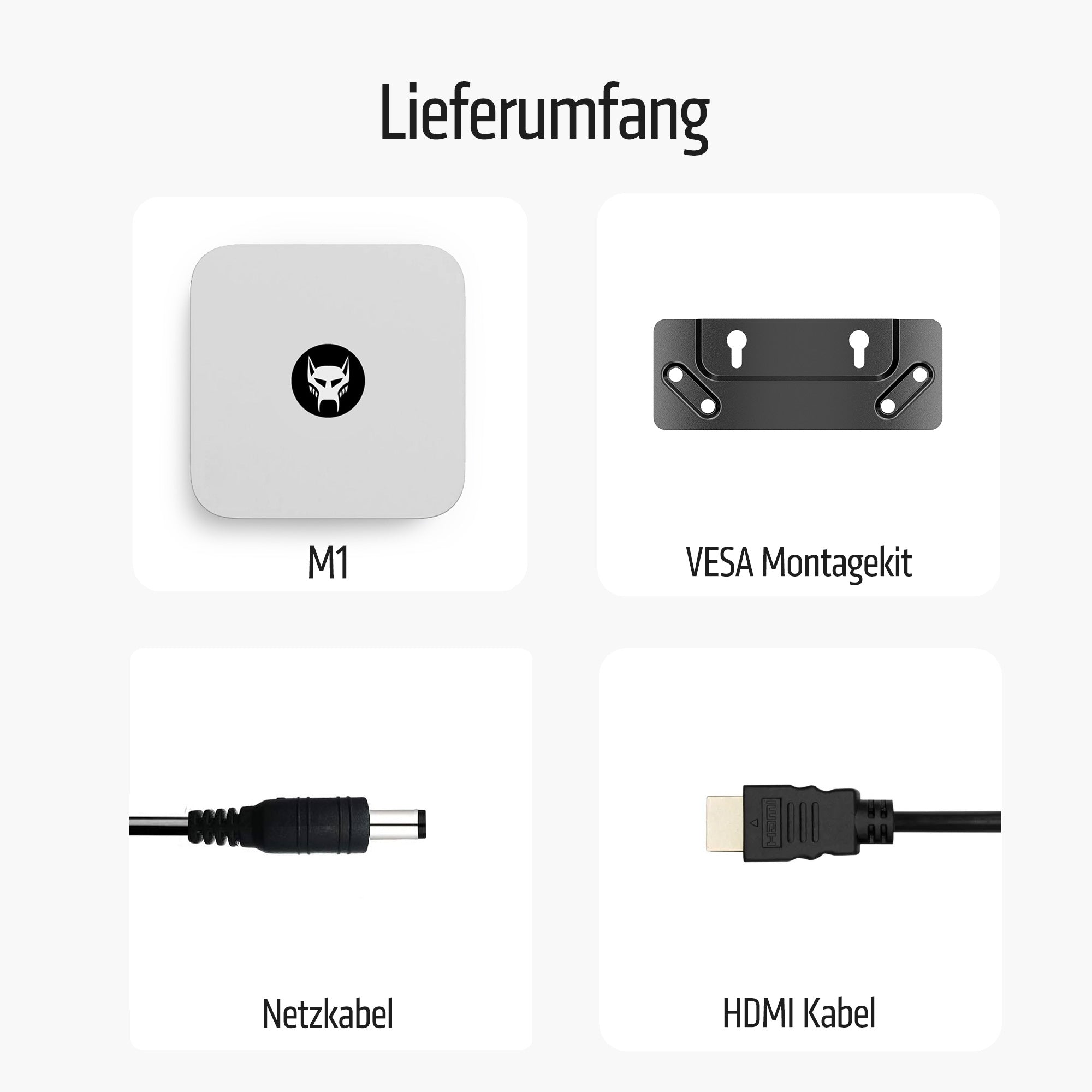Zdjęcie przedstawia zestaw produktów. Zawiera biały kwadrat, czarny wspornik, kabel zasilający i kabel HDMI.