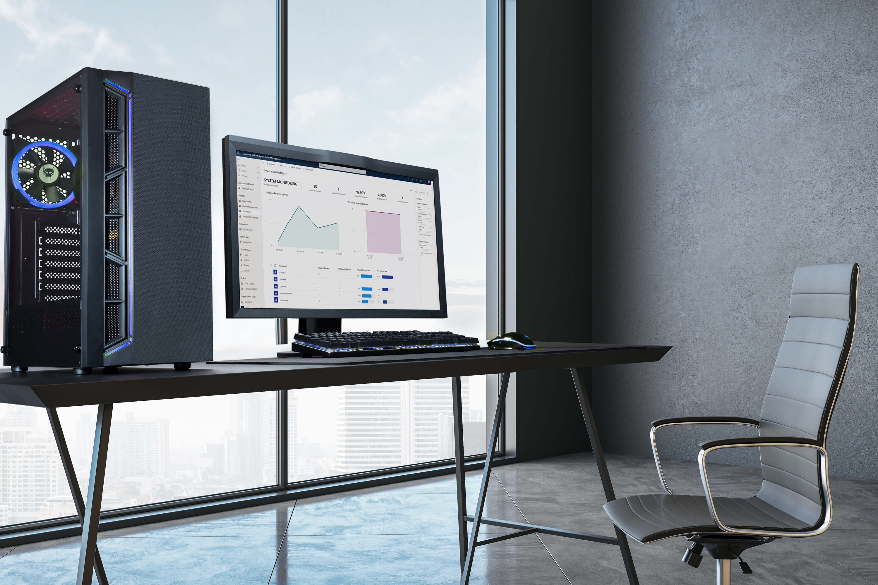 Konfiguracja komputera z monitorem wyświetlającym dane, obudową PC, klawiaturą, myszą i krzesłem biurowym.