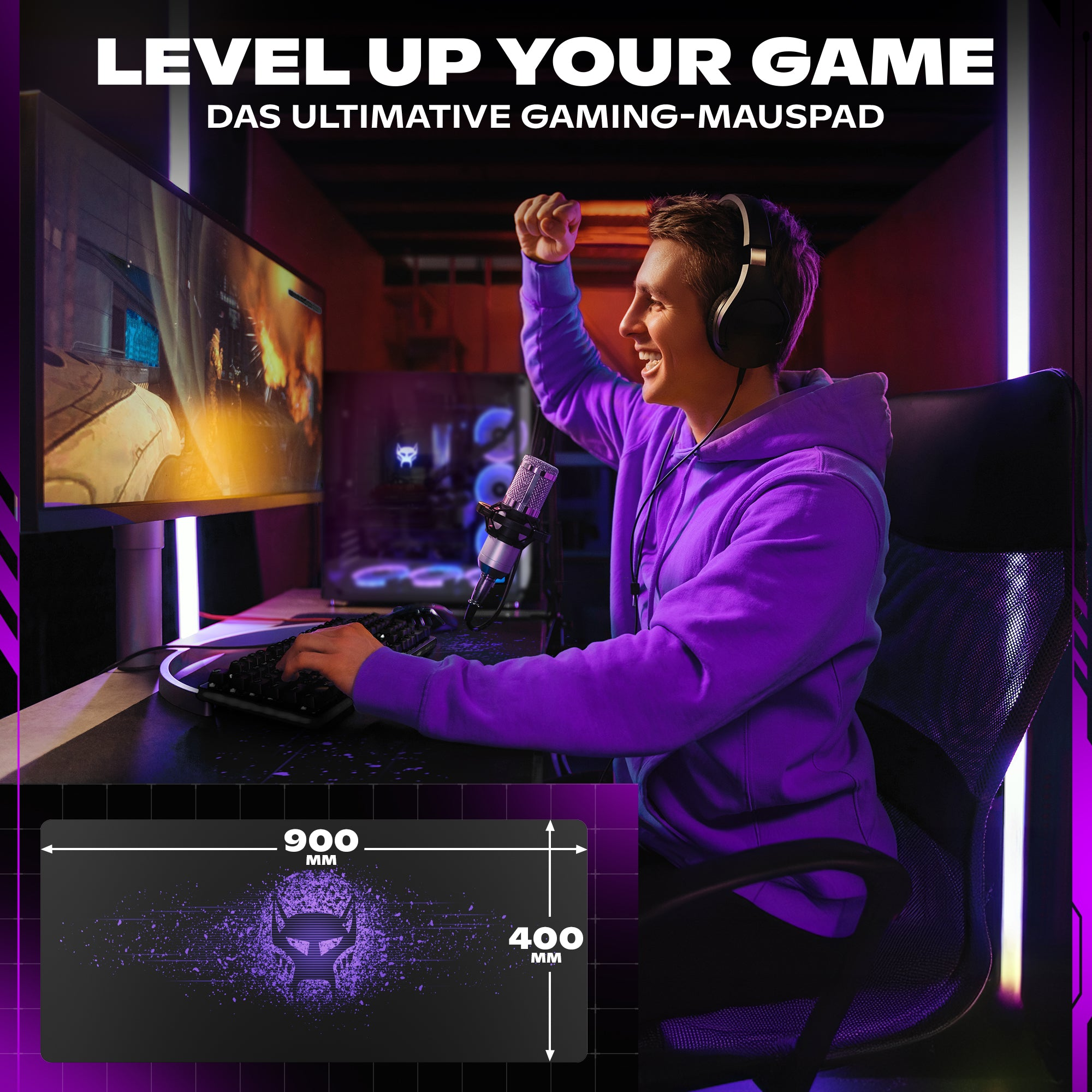 Gracz świętuje zwycięstwo. Ma na sobie słuchawki i używa klawiatury. Podkładka pod mysz do gier jest na pierwszym planie.