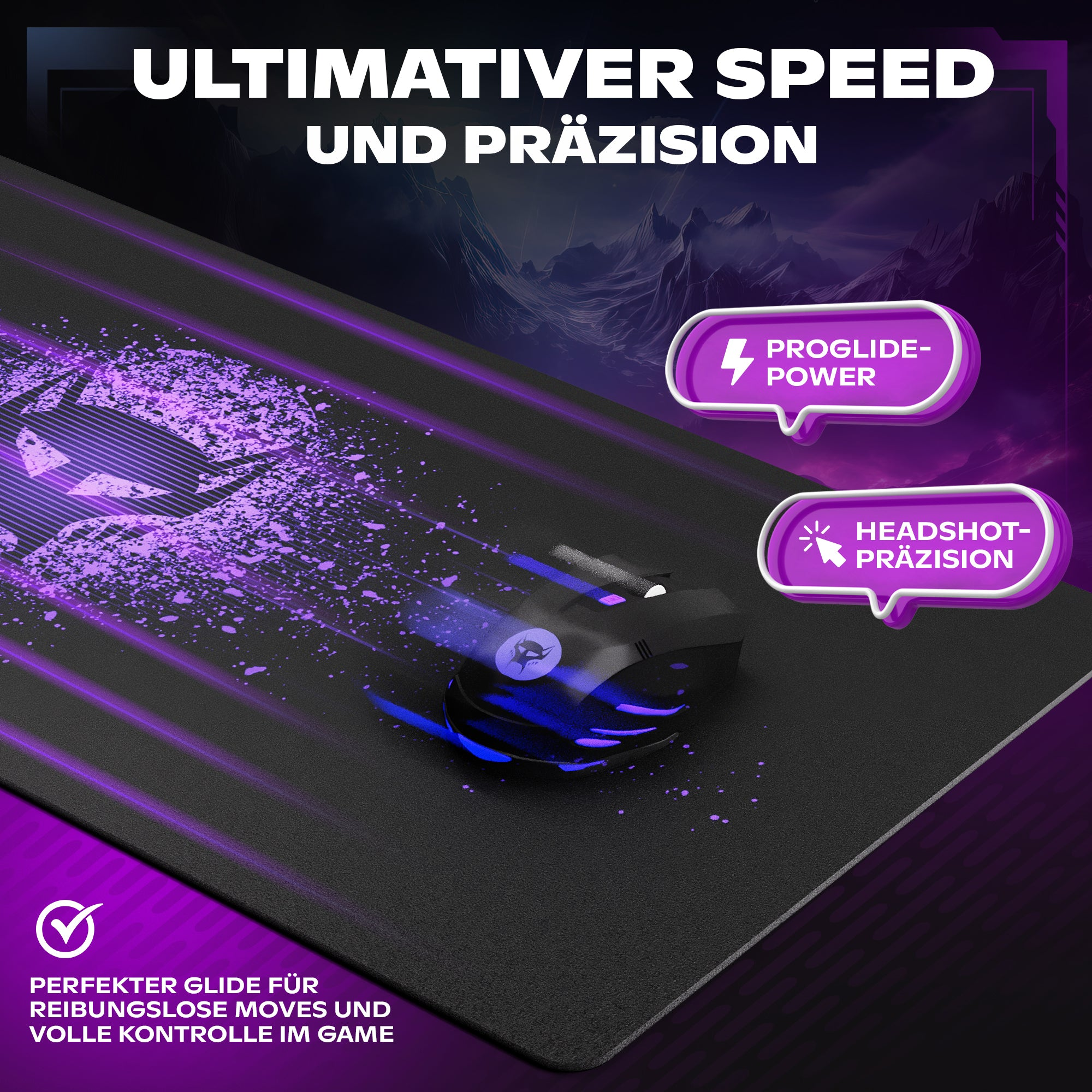 Mysz i podkładka dla graczy. Mysz jest czarna z fioletowymi akcentami. Podkładka ma fioletowe wzory i tekst.