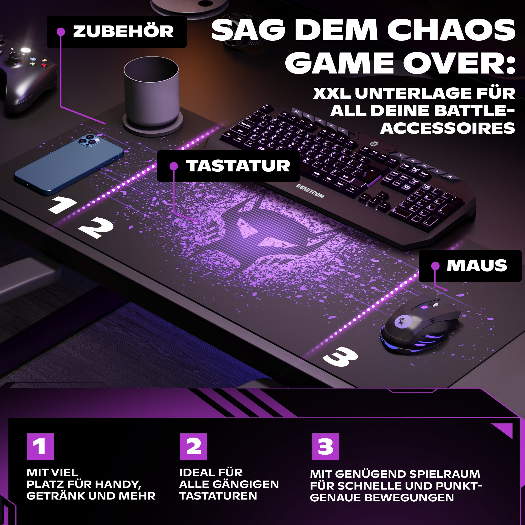 Konfiguracja biurka do gier z klawiaturą, myszką, telefonem i akcesoriami. Fioletowy i czarny z tekstem.