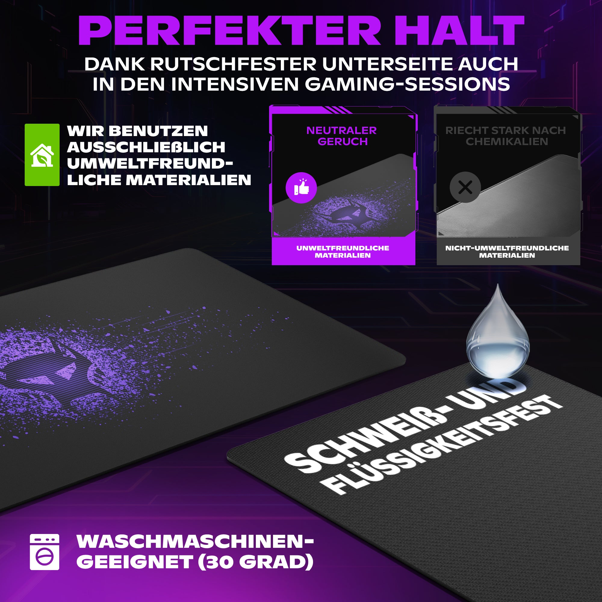 Reklama podkładki pod mysz dla graczy. Pokazuje cechy: antypoślizgowość, neutralny zapach, ekologiczne materiały, odporność na pot i płyny.