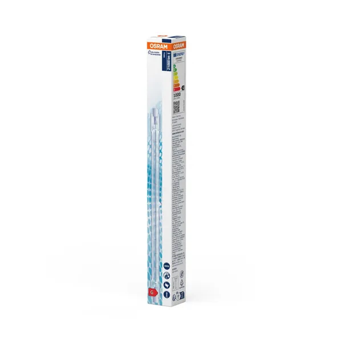 Una scatola di lampadine OSRAM bianca e blu è in posizione verticale. La scatola contiene testo e informazioni sull'efficienza energetica. Lo sfondo è bianco.