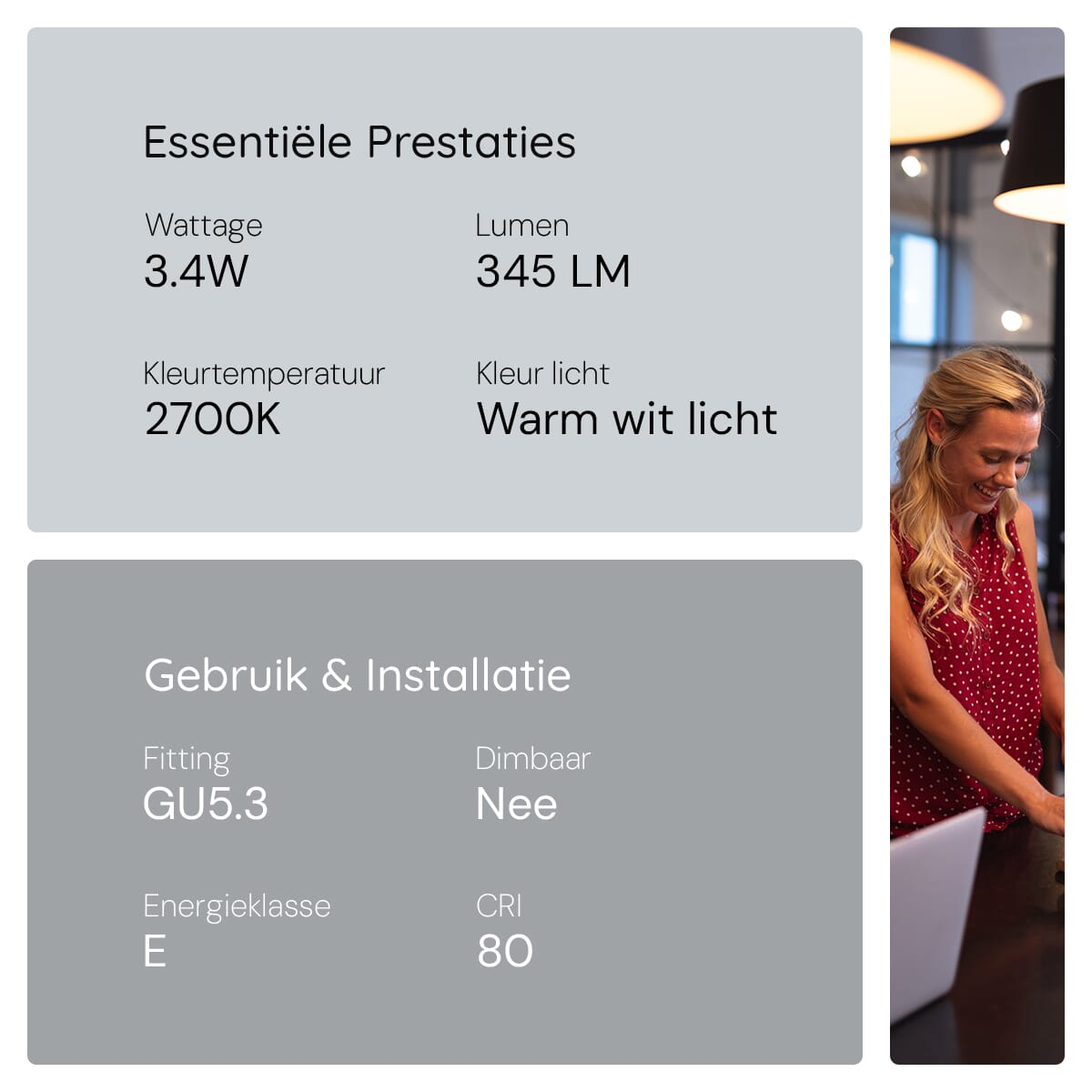 Kobieta uśmiecha się, korzystając z laptopa. Tekst opisuje moc, lumeny, temperaturę barwową i mocowanie GU5.3.