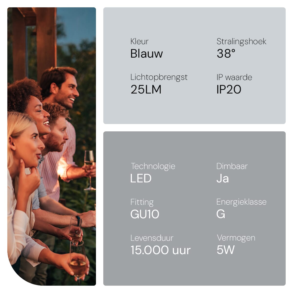 Gruppe von Leuten, die im Freien Getränke genießen. Text rechts zeigt Produktdetails, einschließlich LED-Technologie und 5W Leistung.
