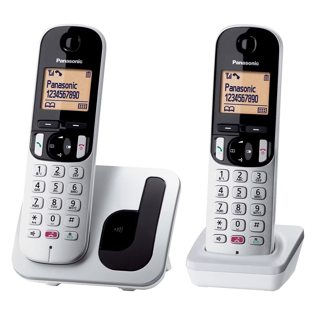 Due telefoni cordless Panasonic. Uno è in una base di ricarica. Entrambi i telefoni hanno schermi con numeri e pulsanti.