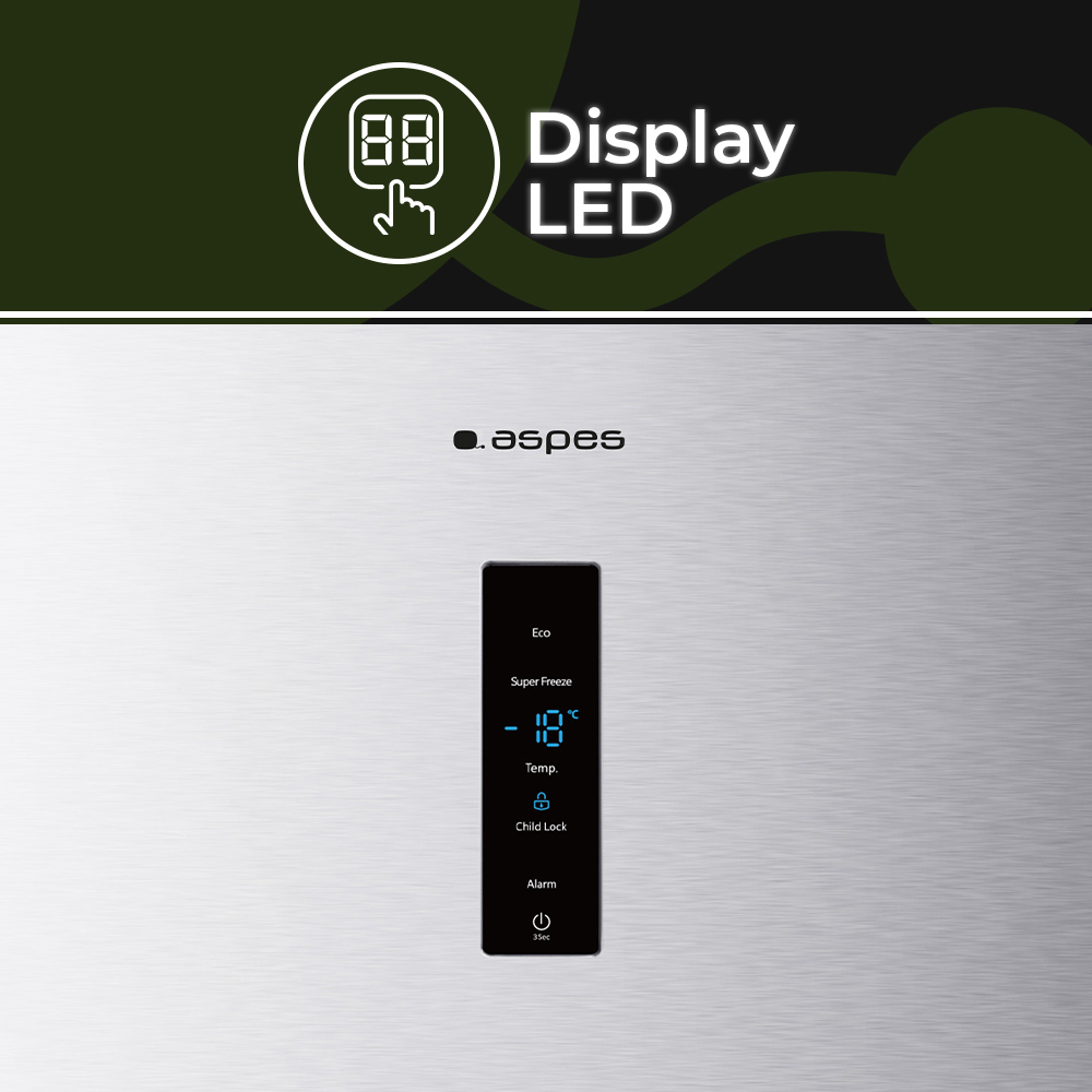 Puerta de refrigerador con pantalla digital que muestra la temperatura y opciones como Eco, Super Freeze y Bloqueo infantil.