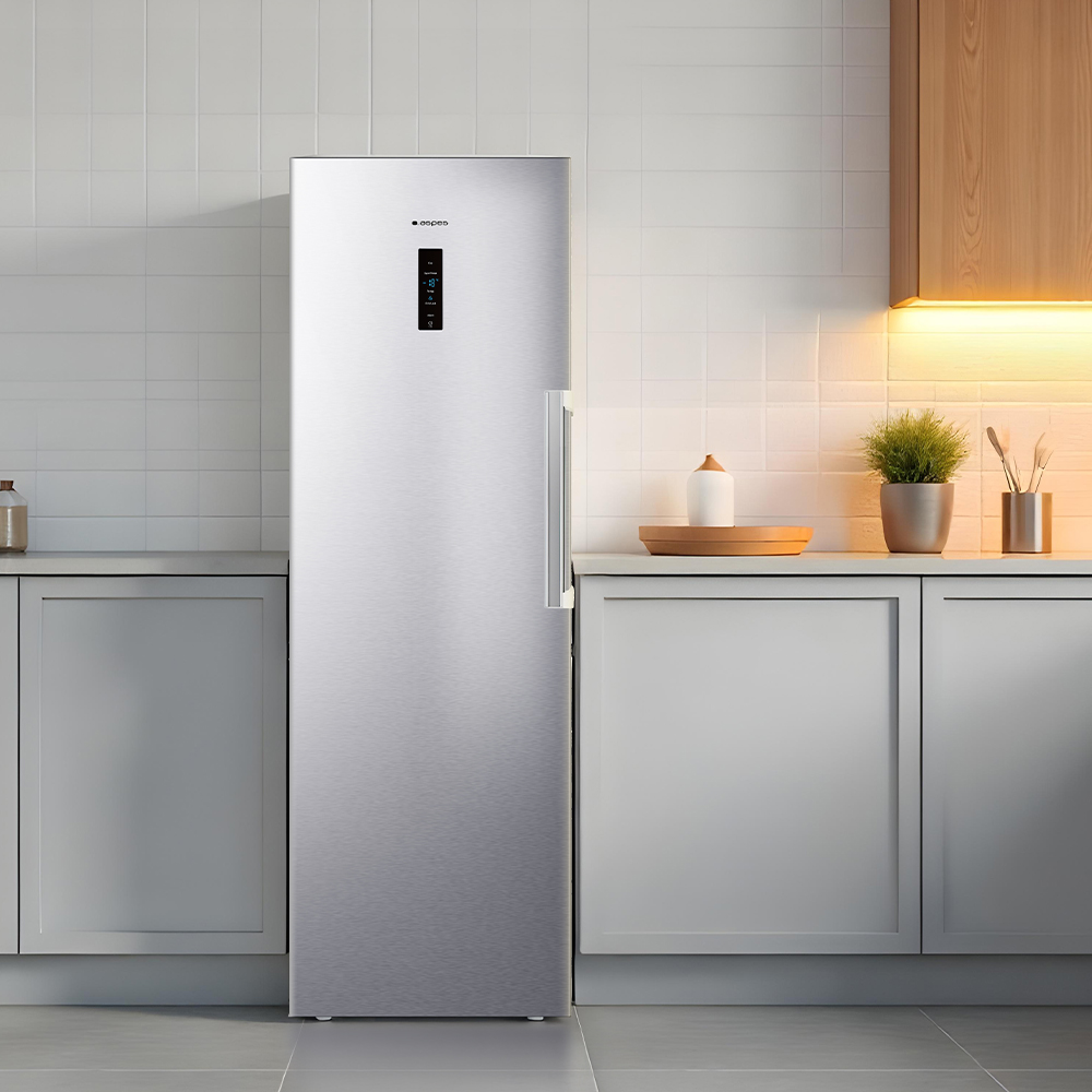Un refrigerador de acero inoxidable en una cocina moderna. Azulejos blancos y gabinetes lo rodean. Una planta y utensilios están sobre la encimera.