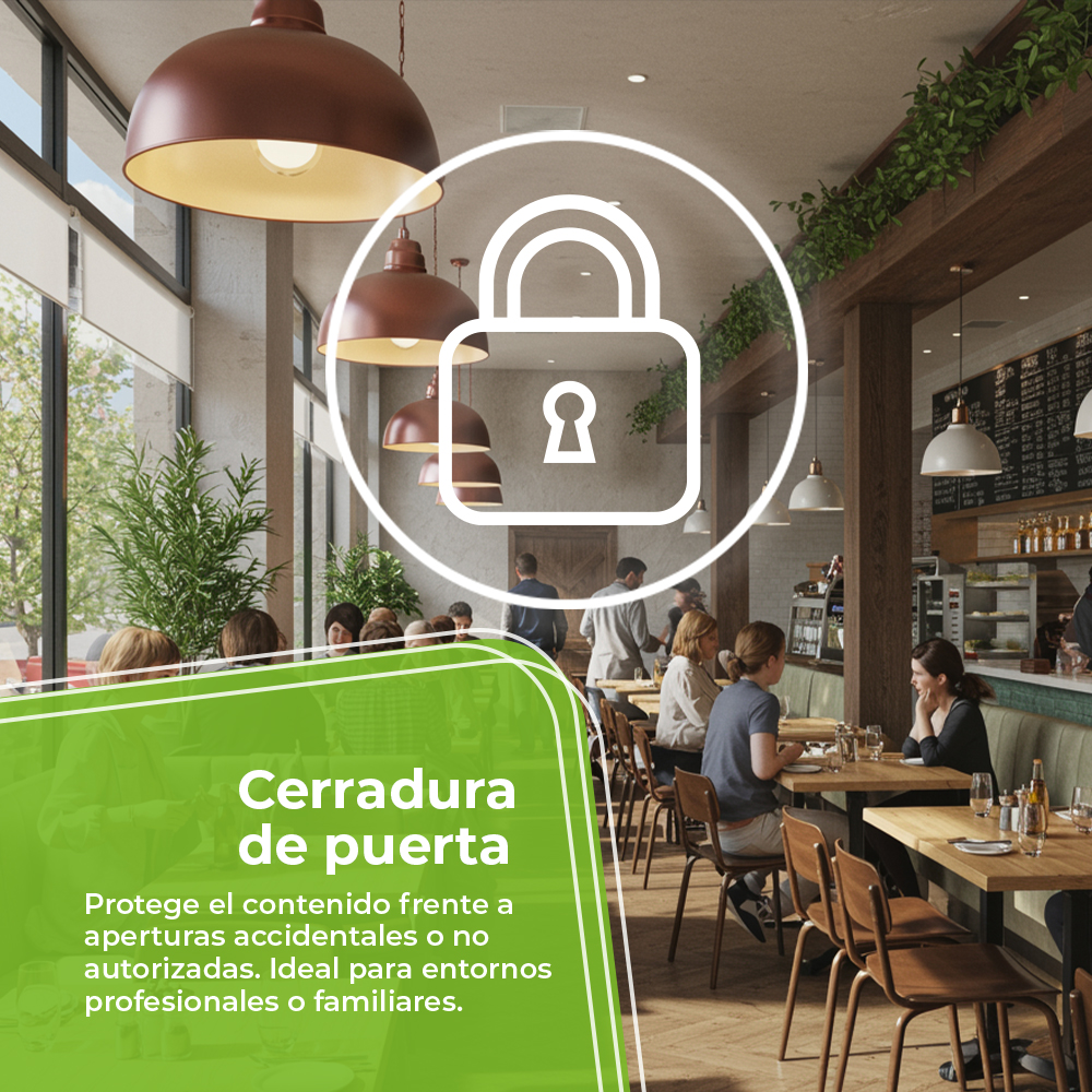 Escena de restaurante con icono de candado. Gente en mesas, lámparas marrones. El texto dice 'Cerradura de puerta'.