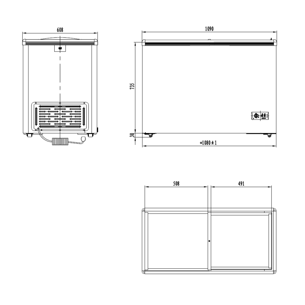 Dibujos técnicos de un congelador. Vista superior, frontal y superior con dimensiones en milímetros.