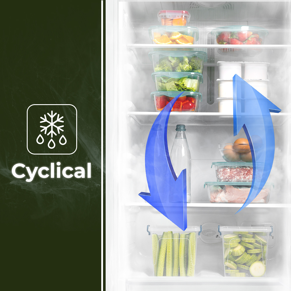 Un refrigerador con recipientes de alimentos, frutas y verduras. Flechas azules indican el proceso cíclico de enfriamiento. La palabra cíclico es visible.