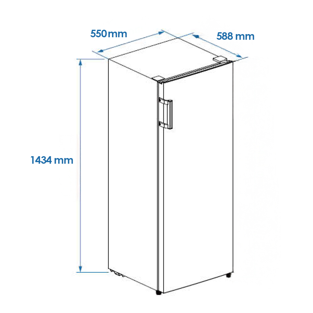 Un refrigerador blanco con dimensiones etiquetadas: 1434 mm de alto, 550 mm de ancho y 588 mm de profundidad. Asa en la puerta.
