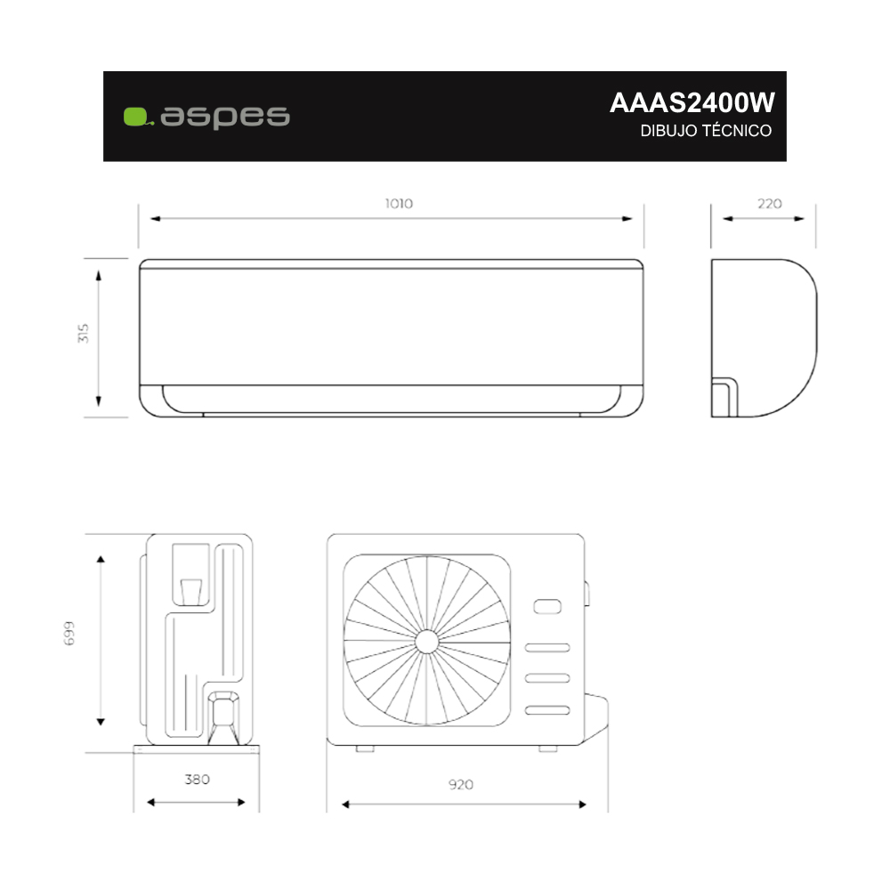 Dibujo técnico de un aire acondicionado. Muestra dimensiones y vistas de unidades interior y exterior, con etiquetas.