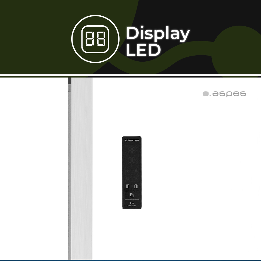 Obrazek przedstawia pilota z wyświetlaczem LED, pokazującym numery. Logo 'aspes' jest również widoczne na białym tle.