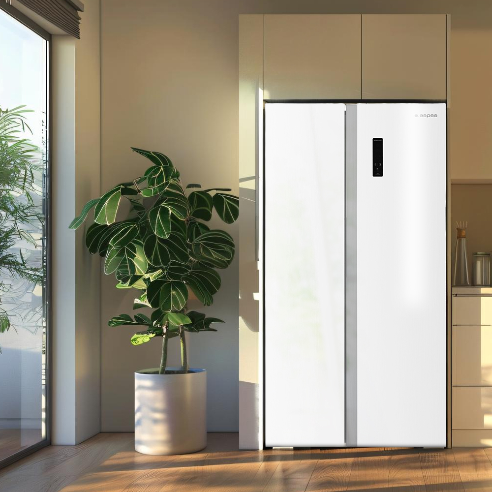 Biała lodówka stoi obok dużej rośliny doniczkowej. Światło słoneczne wpada z okna po lewej, oświetlając pomieszczenie.