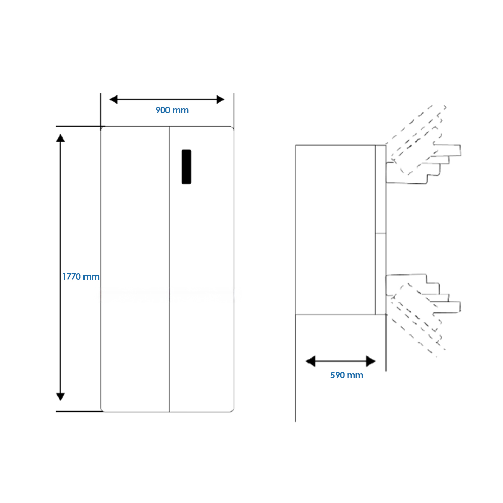 Schemat lodówki z wymiarami: 1770 mm wysokości, 900 mm szerokości i 590 mm głębokości. Zawiera czarny uchwyt.