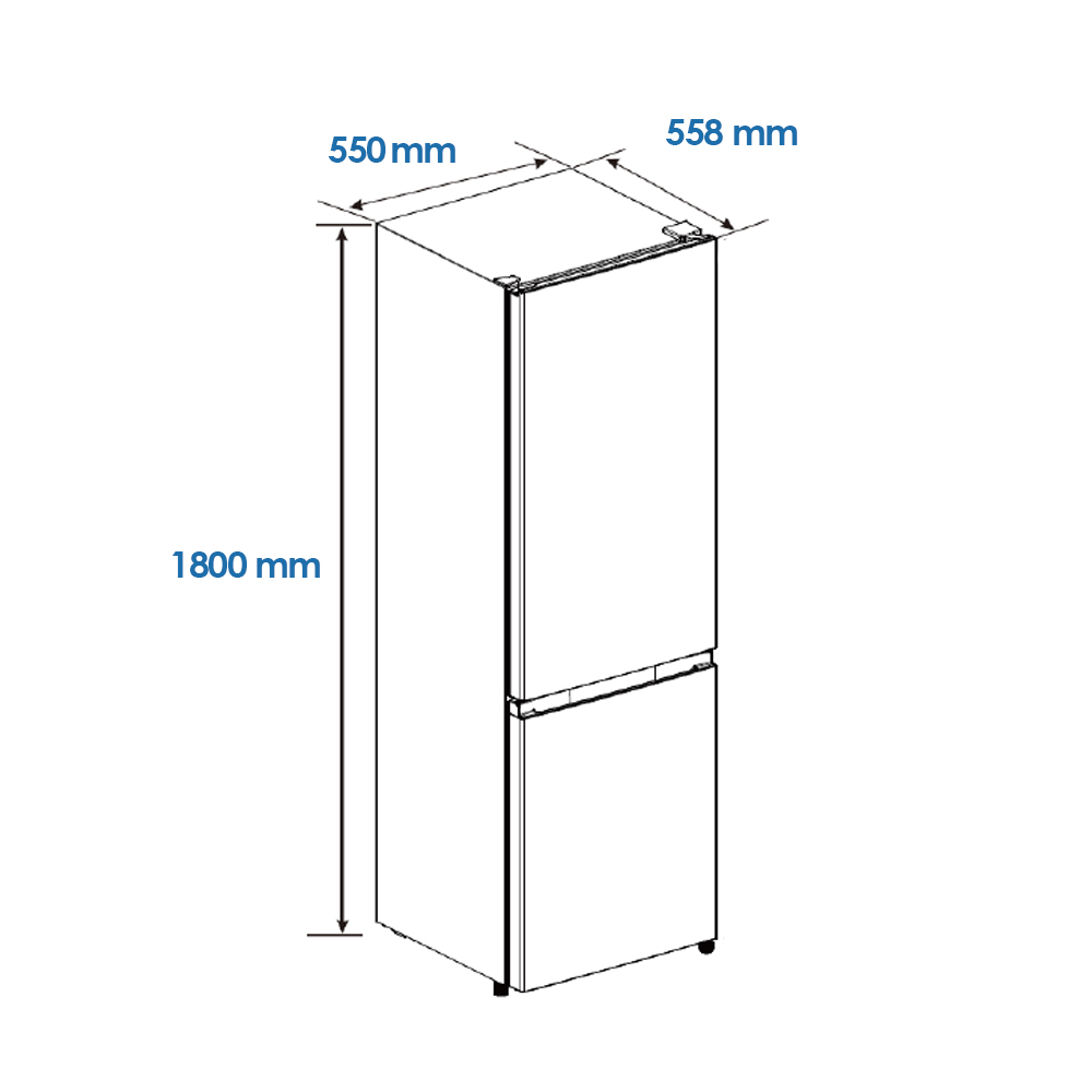Un refrigerador blanco con dimensiones: 1800 mm altura, 550 mm ancho y 558 mm profundidad. Modelo de dos puertas.