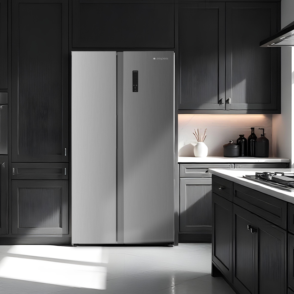 Una cocina moderna con un gran refrigerador plateado. Gabinetes oscuros, encimera blanca y piso blanco. Se ven electrodomésticos y decoración de cocina.