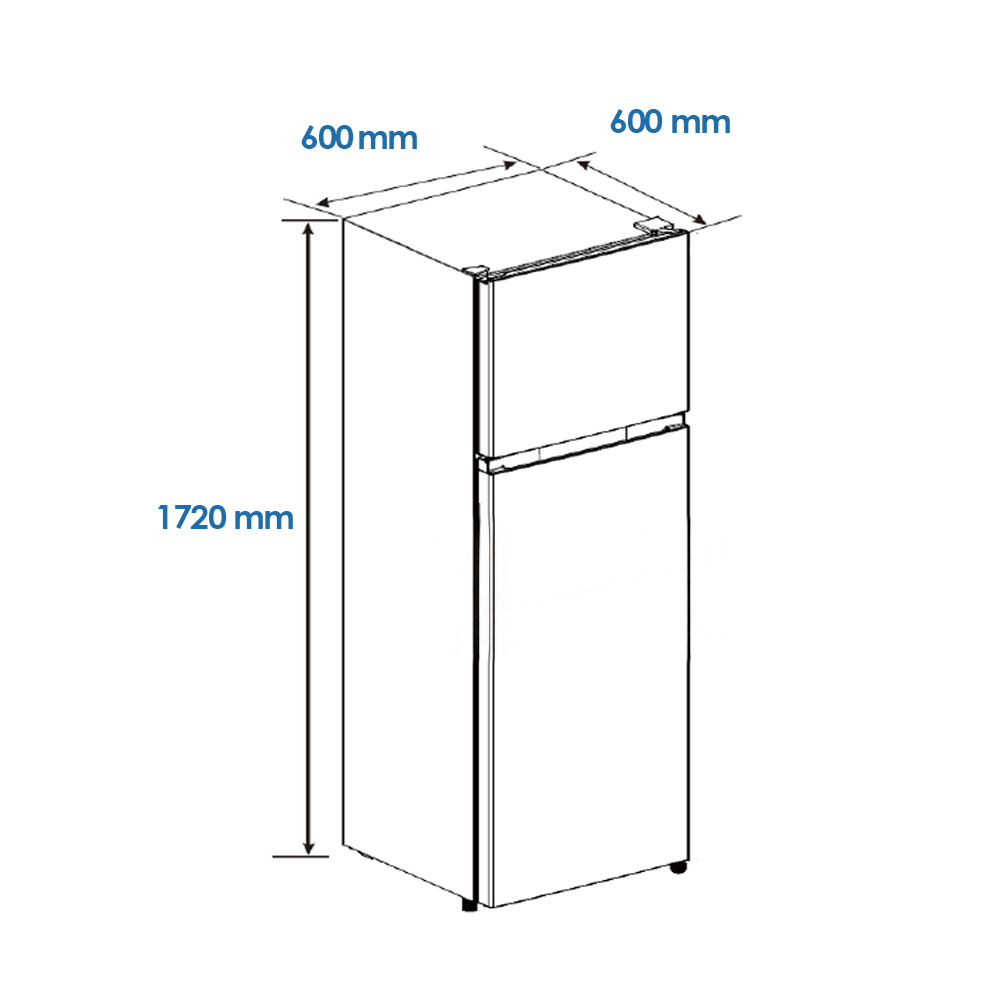 Dibujo isométrico de un refrigerador. Dimensiones: 1720 mm de altura, 600 mm de ancho y profundidad. El frigorífico es blanco.