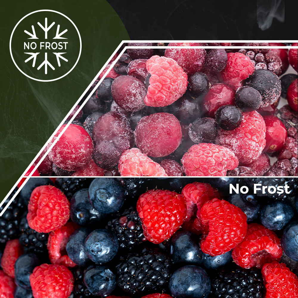 La imagen muestra bayas congeladas, incluyendo frambuesas, arándanos y moras, con un logo 'No Frost'. La mitad superior tiene escarcha.