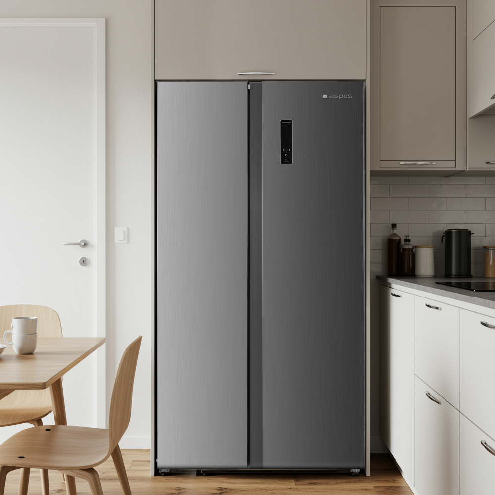 Una cocina moderna con un gran refrigerador gris. Una mesa y sillas de madera en primer plano. Se ven armarios y electrodomésticos.