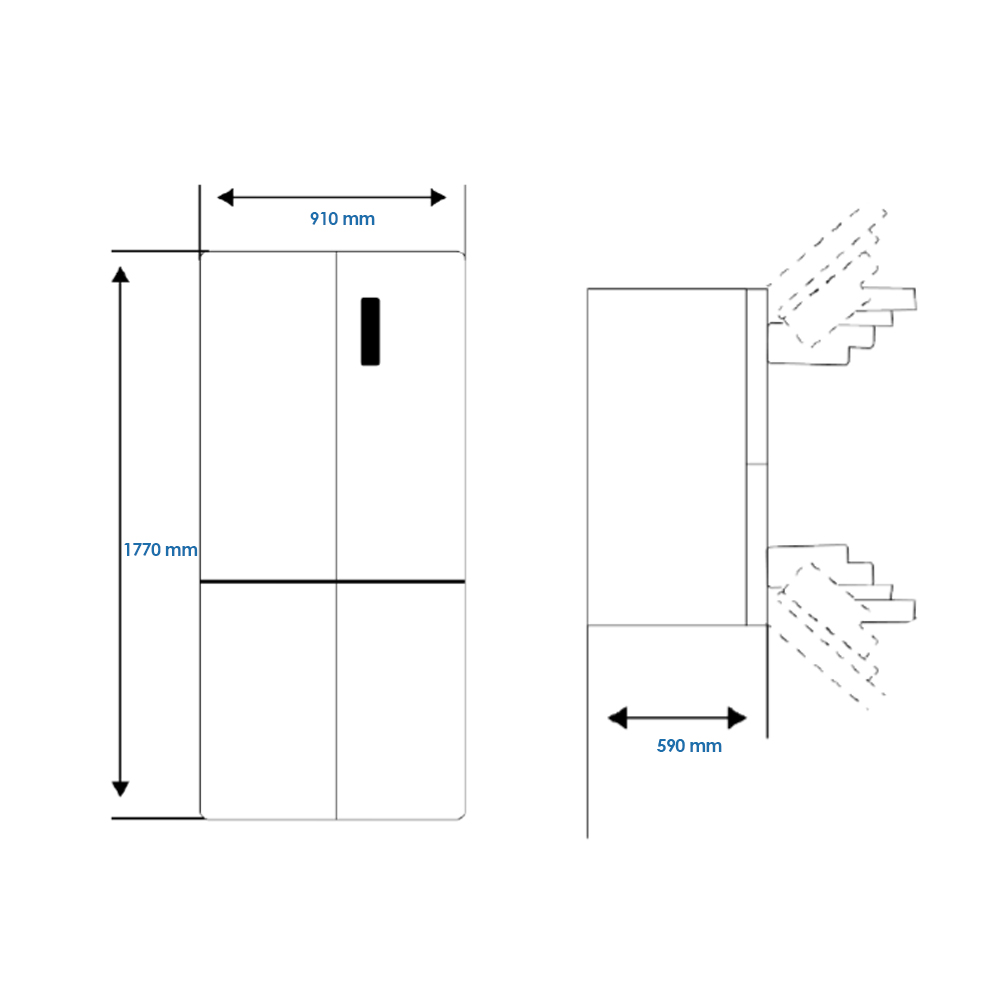 Diagrama de un refrigerador, que muestra las dimensiones: 1770 mm de alto, 910 mm de ancho y 590 mm de profundidad. Incluye una vista lateral.