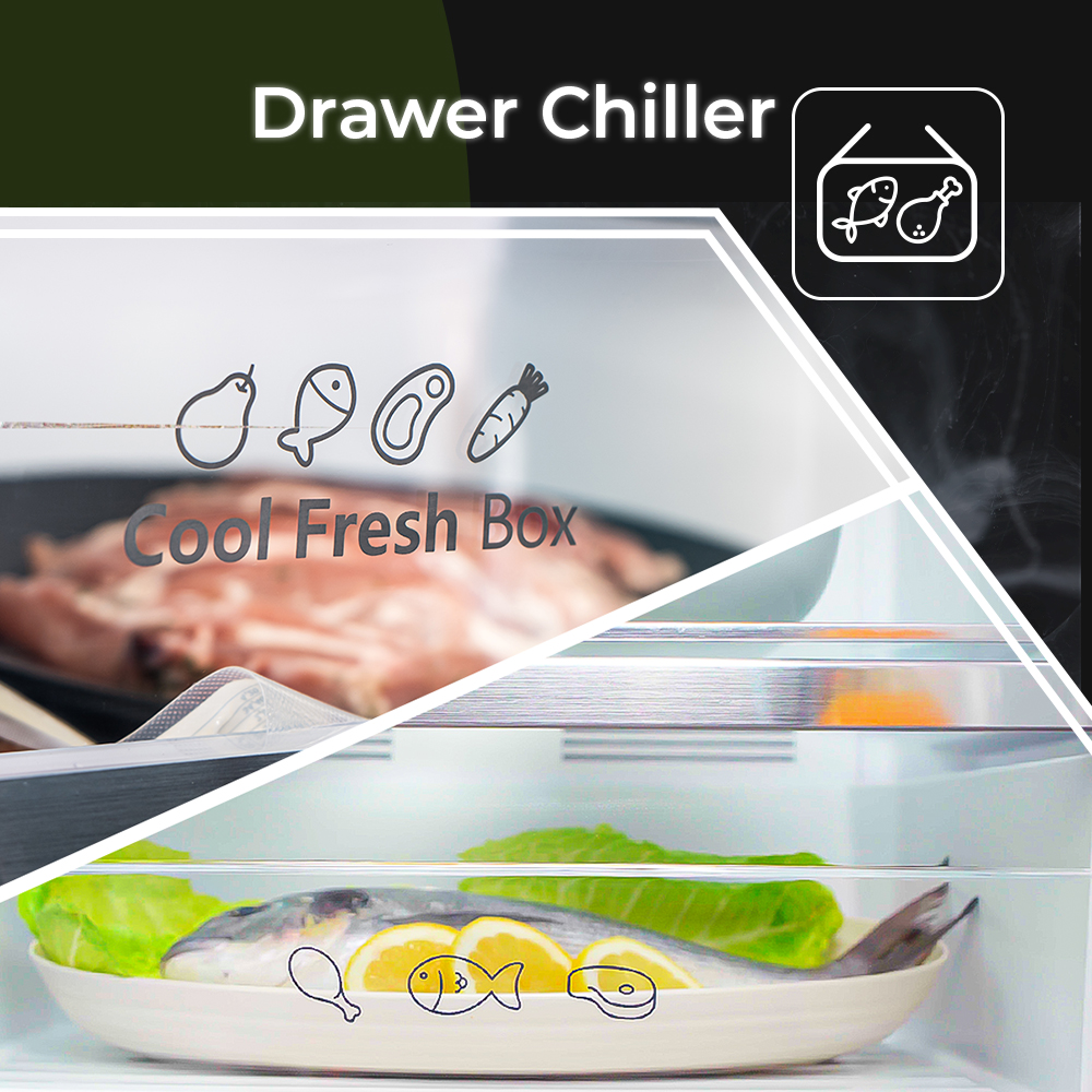 Interior de un refrigerador. Tiene un pescado con limón y lechuga, y cortes de carne. Arriba dice 'Drawer Chiller' y 'Cool Fresh Box'.