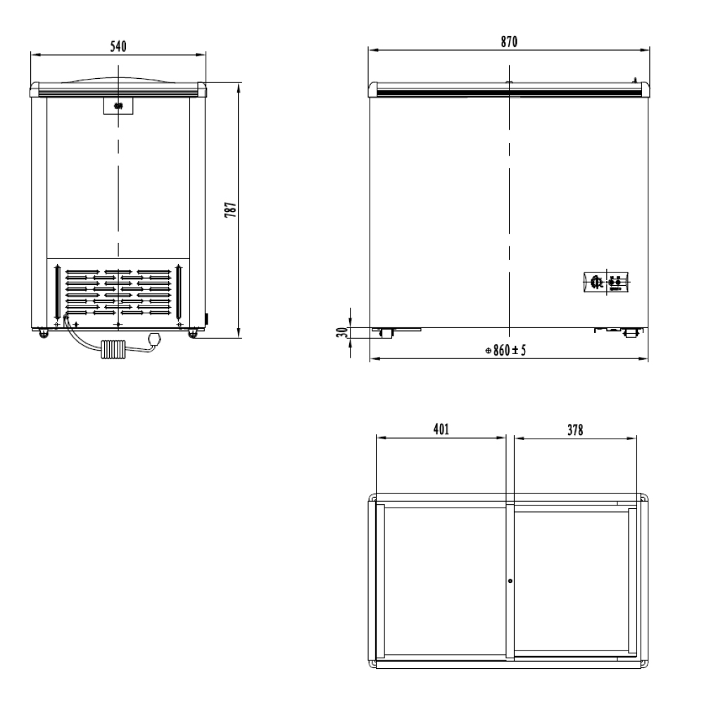 Dibujos técnicos de un congelador. Vistas frontal, lateral y superior con dimensiones en milímetros.