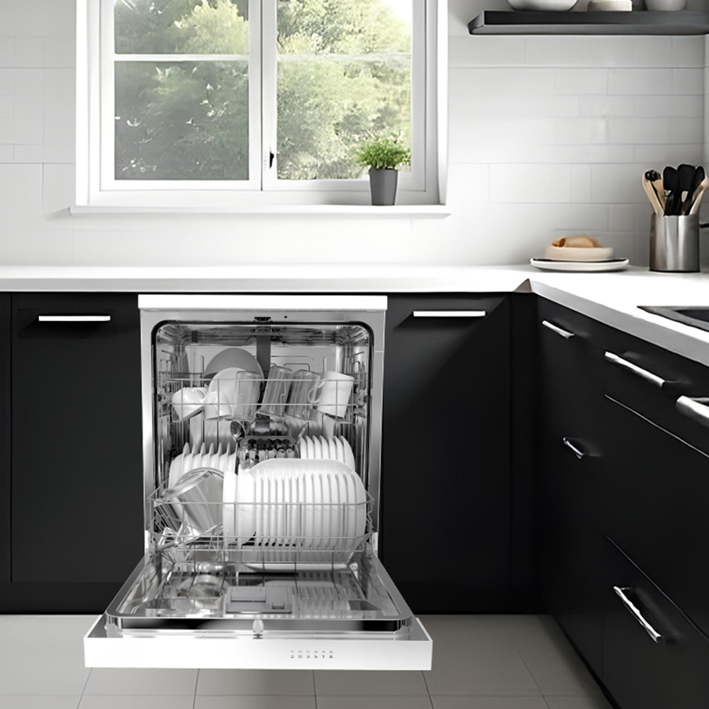 Zmywarka z otwartymi drzwiami, załadowana naczyniami w nowoczesnej kuchni. Czarne szafki i okno z widokiem.