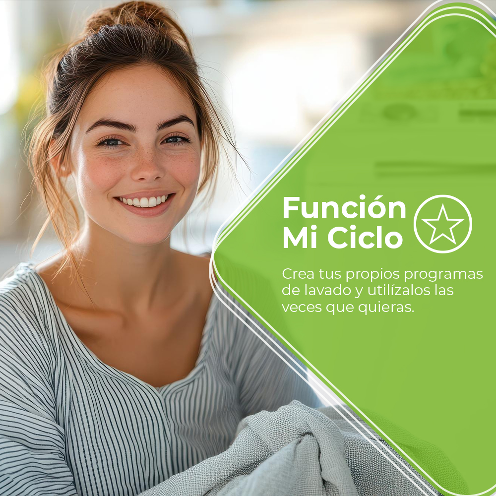Una mujer sonriente con moño, sosteniendo una tela gris. Gráfico verde con texto 'Función Mi Ciclo' e información del programa de lavado.