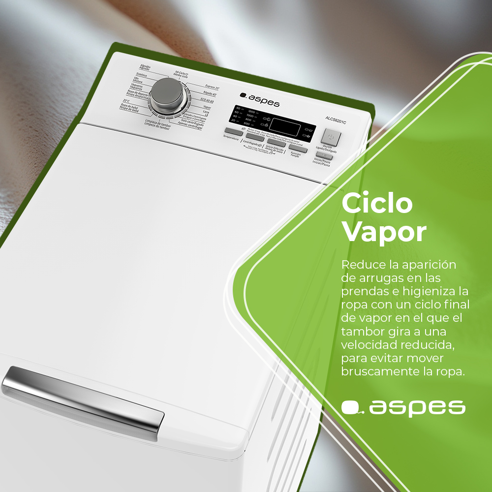 Una lavadora blanca con panel de control. El texto verde describe el ciclo de vapor. La marca 'aspes' es visible.