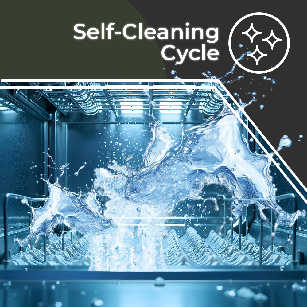 Wnętrze zmywarki z rozpryskami wody, przedstawiające cykl samoczyszczenia. Tekst brzmi 'Cykl samoczyszczenia', z czystym symbolem.