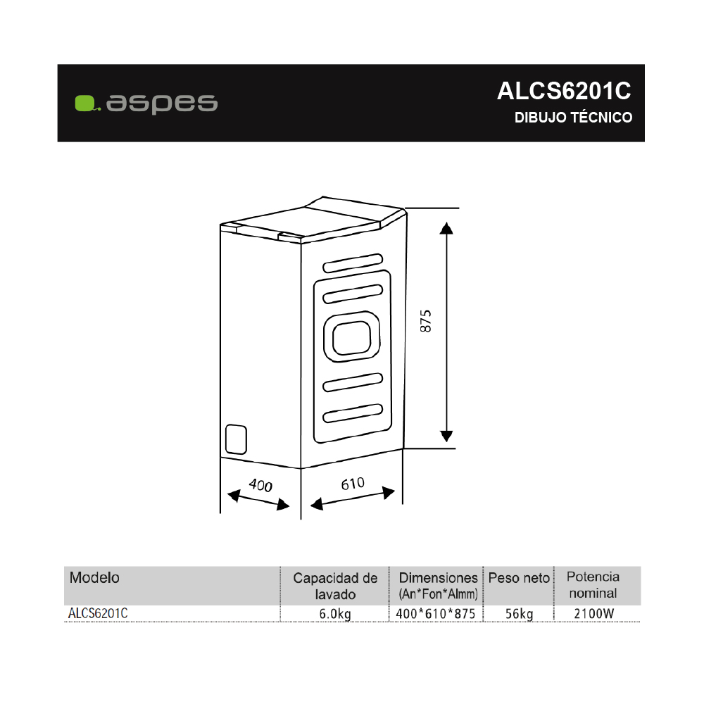 Un dibujo técnico de una lavadora. Se incluyen dimensiones y especificaciones como modelo, capacidad y potencia.