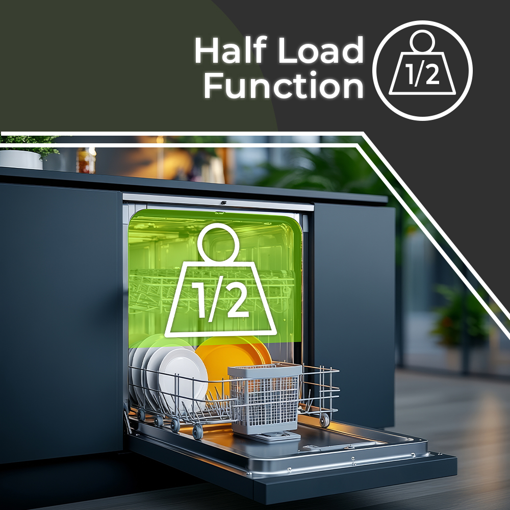 Zmywarka z otwartymi drzwiami, pokazująca talerze i kosz. Pojawia się symbol funkcji połowy załadunku.