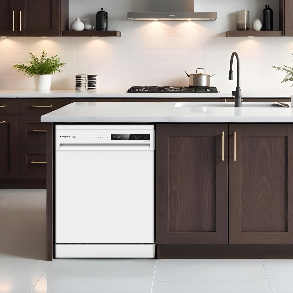 Nowoczesna kuchnia z białą zmywarką, ciemnymi drewnianymi szafkami i białym blatem. Widoczny garnek i zlew.