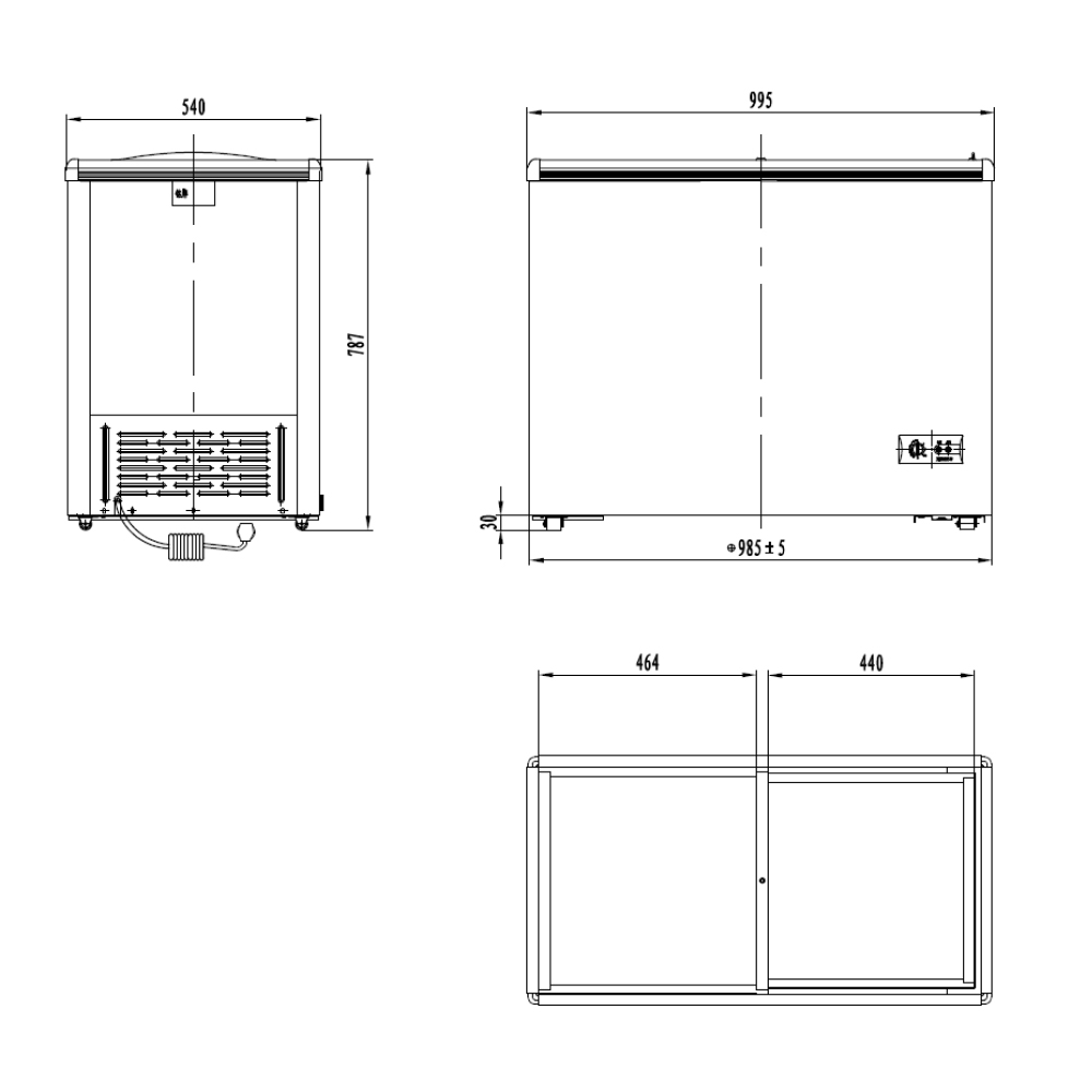 Dibujo técnico de un congelador, mostrando dimensiones y diferentes vistas: frontal, lateral y superior. Es un fondo blanco.