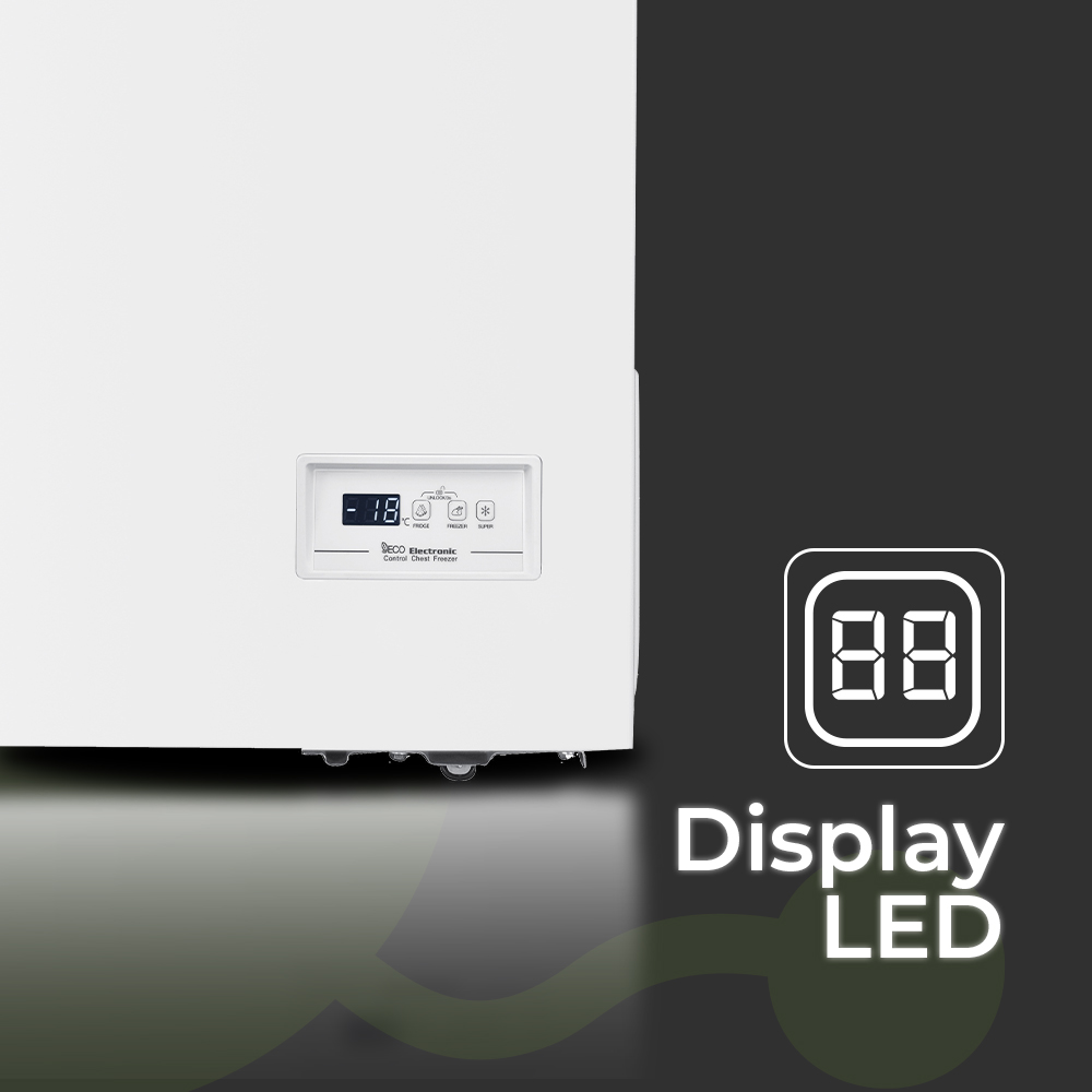 Un congelador blanco con pantalla digital que muestra -18 grados. Texto: Nevera, Congelador, Super. Icono de LED de pantalla.