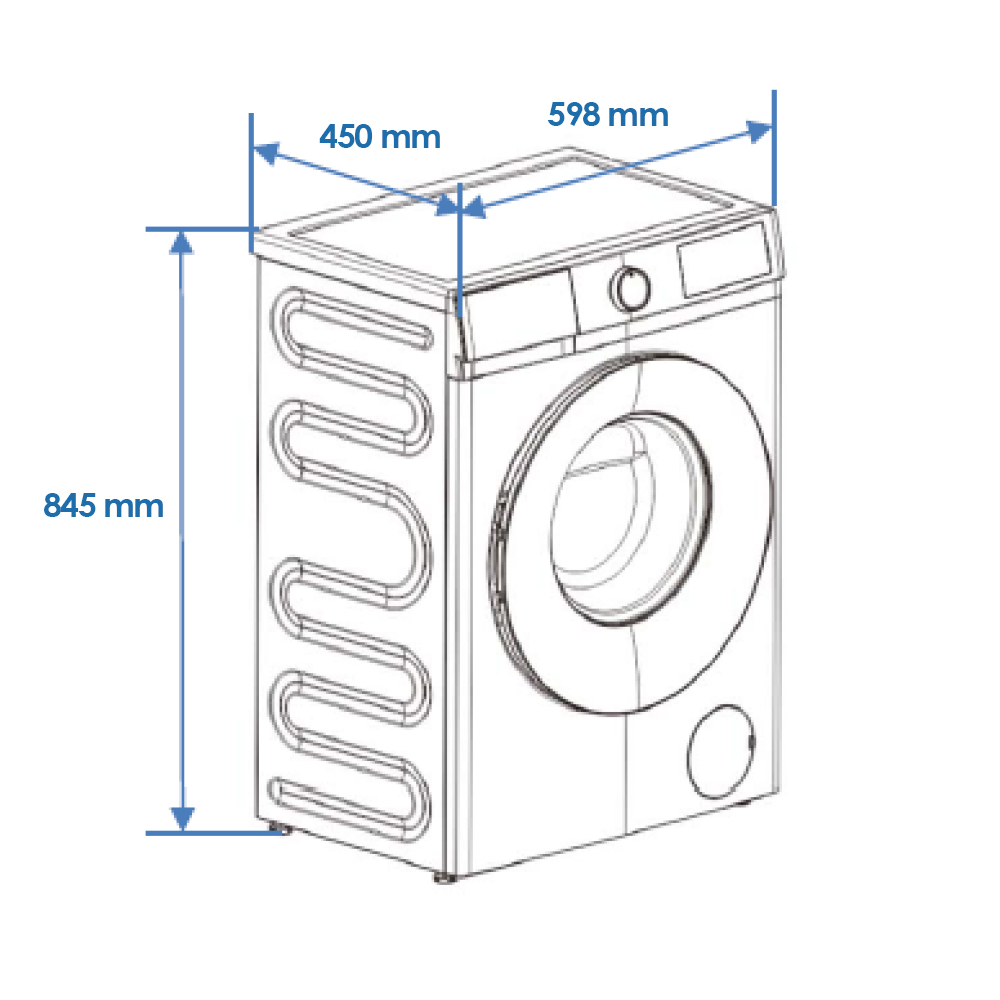 Rysunek liniowy pralki z wymiarami: 450mm szerokości, 598mm głębokości, 845mm wysokości. Posiada drzwi i panel.