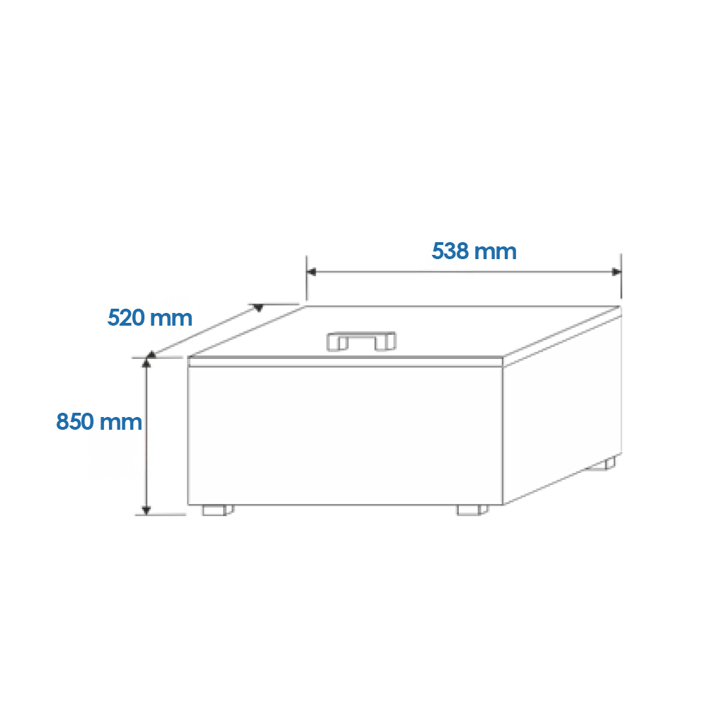 Una caja rectangular blanca con asa arriba. Dimensiones: 538 mm ancho, 520 mm profundo, 850 mm alto. Las medidas están etiquetadas en azul.