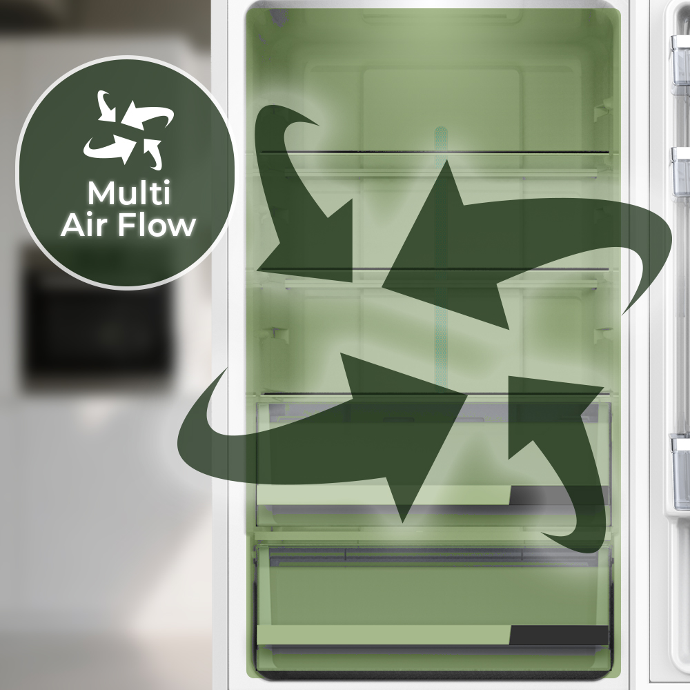 Interior de un refrigerador con flechas verdes que indican flujo de aire múltiple. Un logo circular dice 'Multi Air Flow'.