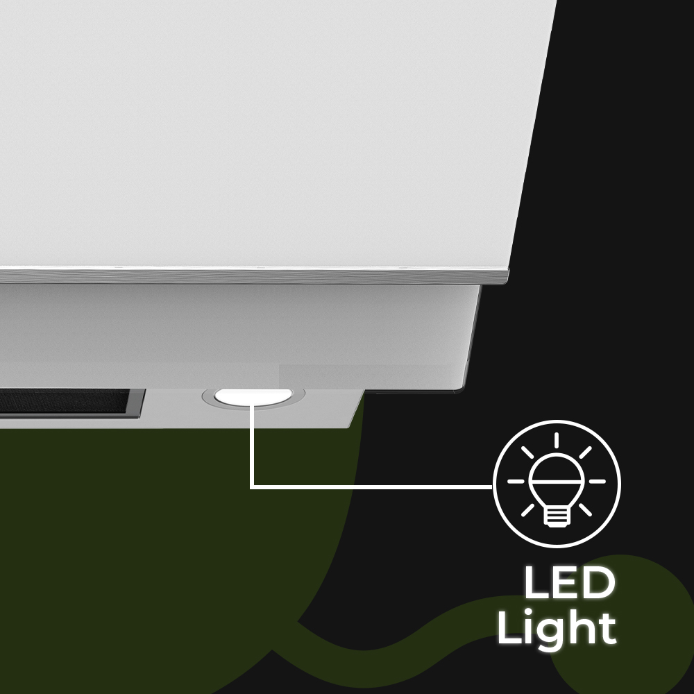 Una campana extractora blanca con un icono de luz LED. La luz está encendida y una línea apunta a la luz de la campana.