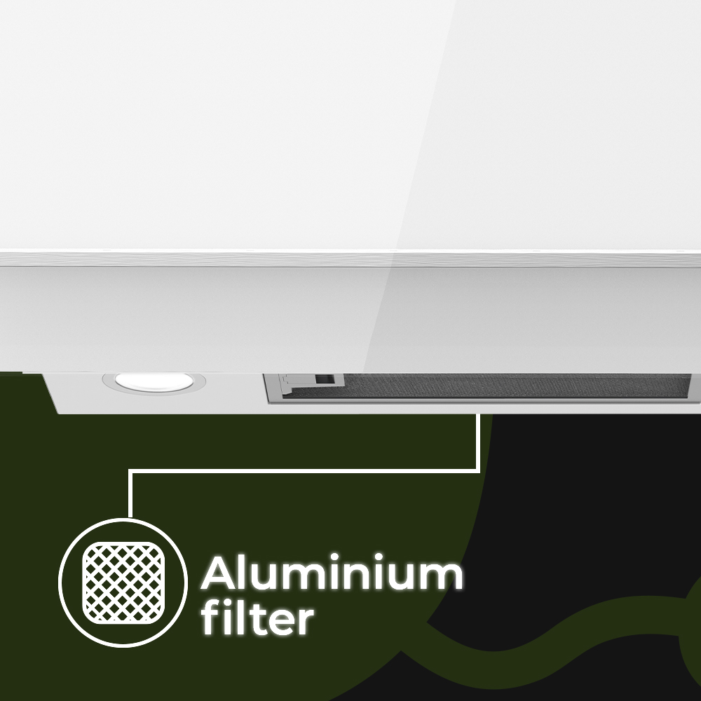 Se muestra una campana extractora blanca con un filtro de aluminio. Un diagrama resalta el filtro con las palabras 'Filtro de aluminio'.