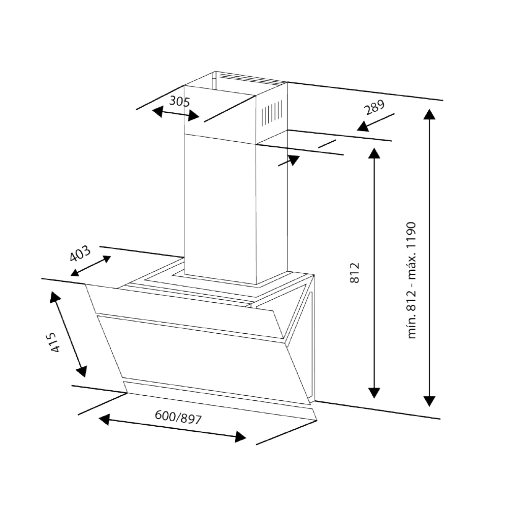 Un dibujo esquemático de una campana de cocina, con dimensiones y medidas en milímetros. La campana es blanca.
