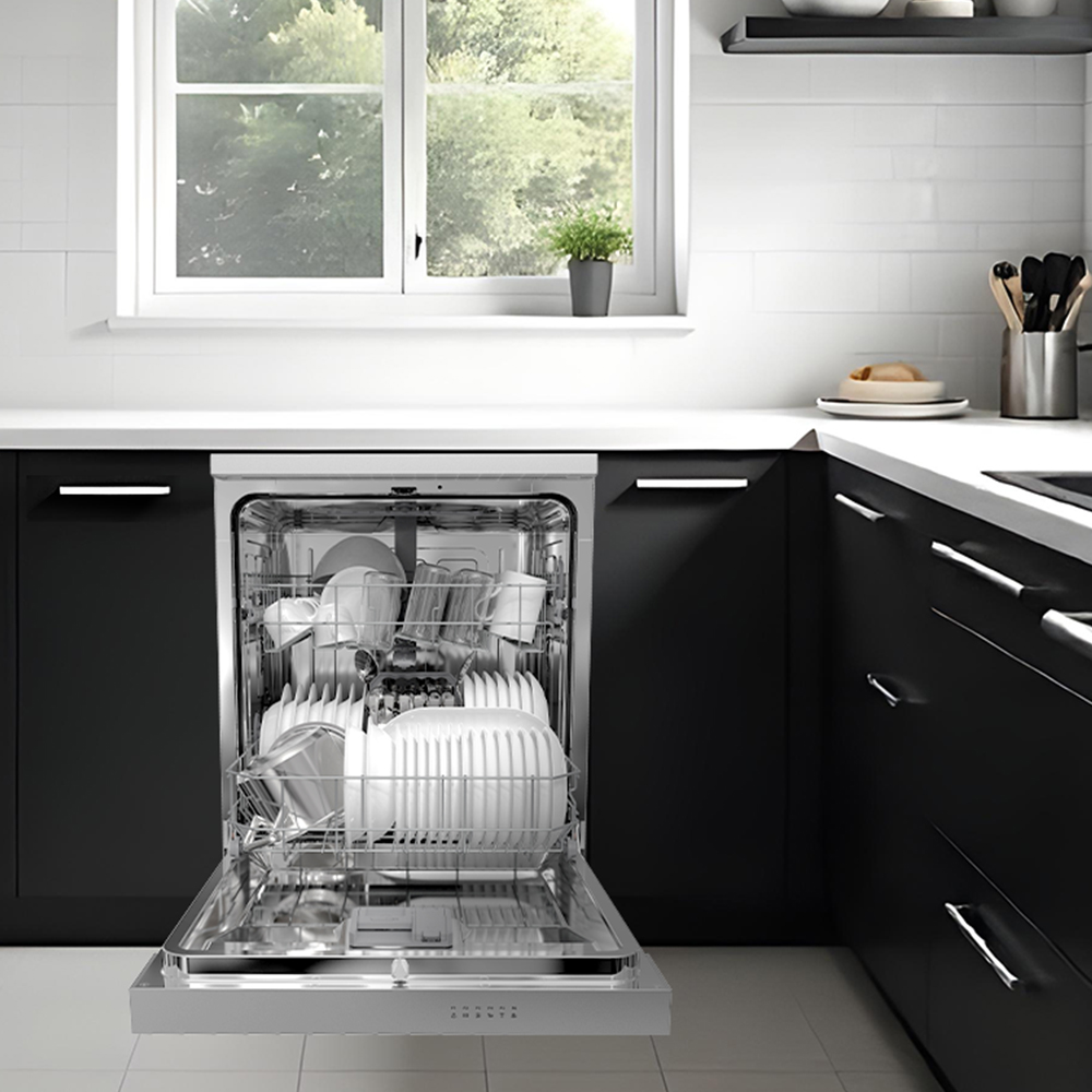 Otwarta zmywarka z naczyniami w środku. Ustawienie kuchni z czarnymi szafkami, białym blatem i oknem z zielenią.