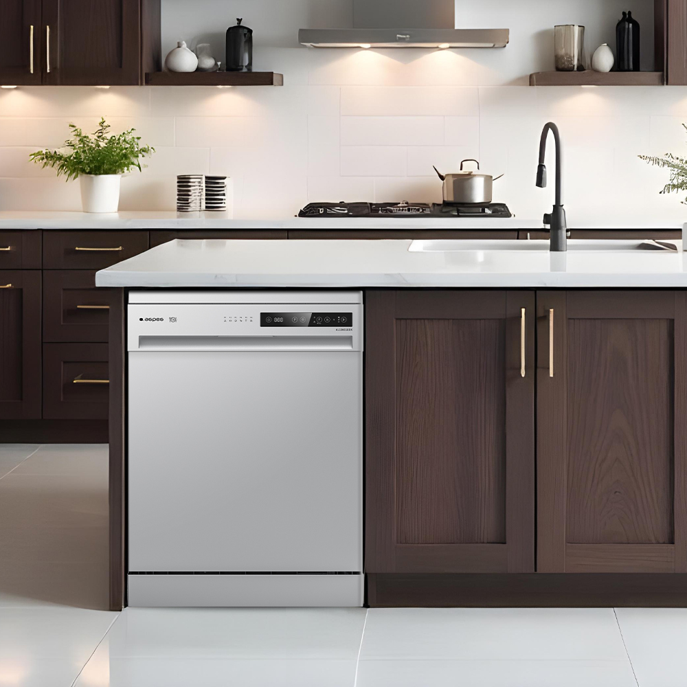 Nowoczesna kuchnia ze zmywarką. Ciemne drewniane szafki kontrastują z białym blatem i osłoną. Widoczne garnki i dekoracje.