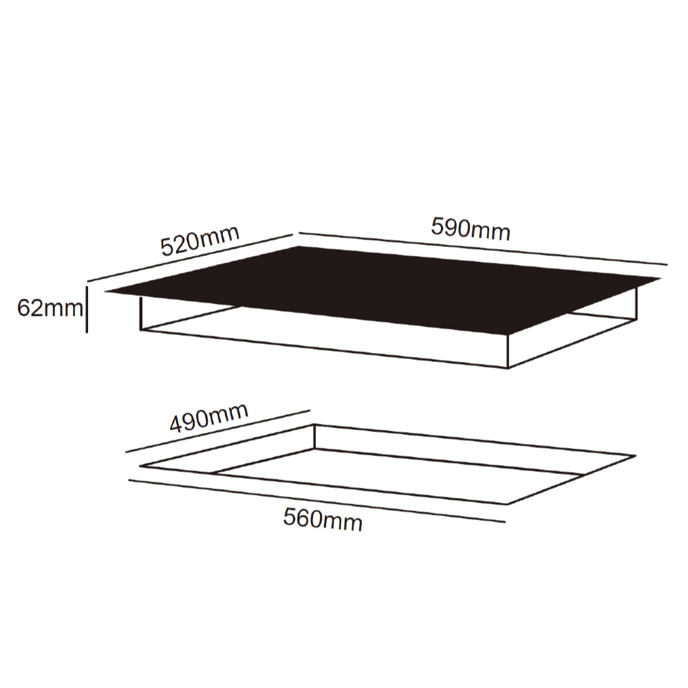 Diagrama que muestra dos formas rectangulares. La superior es negra, con dimensiones etiquetadas. La inferior es un contorno con dimensiones.