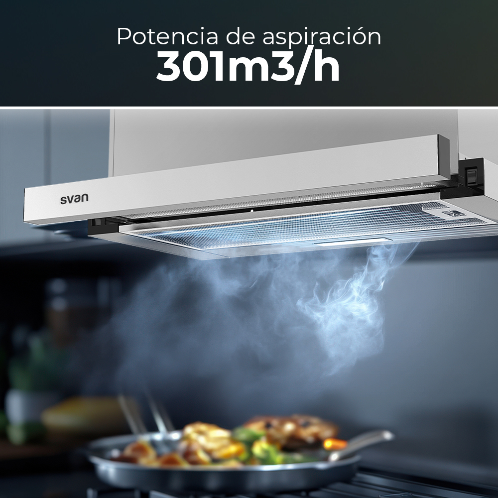 Una campana extractora con la marca 'svan' sobre una sartén con comida. El humo sube de la sartén a la campana. La campana tiene el texto '301m3/h'.