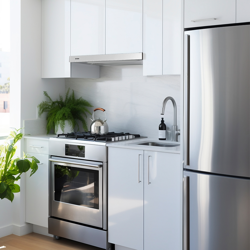 Una cocina moderna con gabinetes blancos, electrodomésticos de acero inoxidable, una estufa, un fregadero y una planta en maceta.