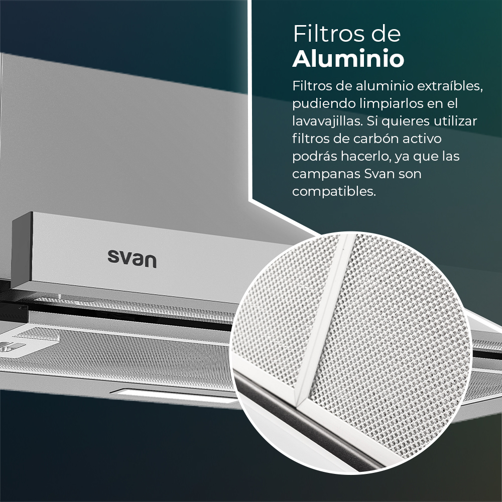 Primer plano de una campana extractora con filtros de aluminio. La marca 'svan' es visible. El texto describe características y compatibilidad del filtro.